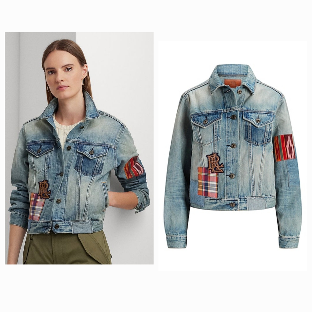 Ralph Lauren Distressed Patch Monogram Denim Jean Trucker Jacket Medium